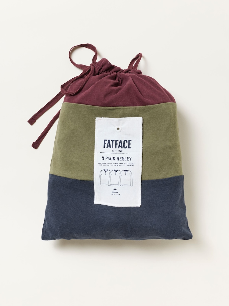 FatFace 3 Pack Navy/Green/Burgundy Long Sleeve Henley T-Shirt - Image 8 of 8