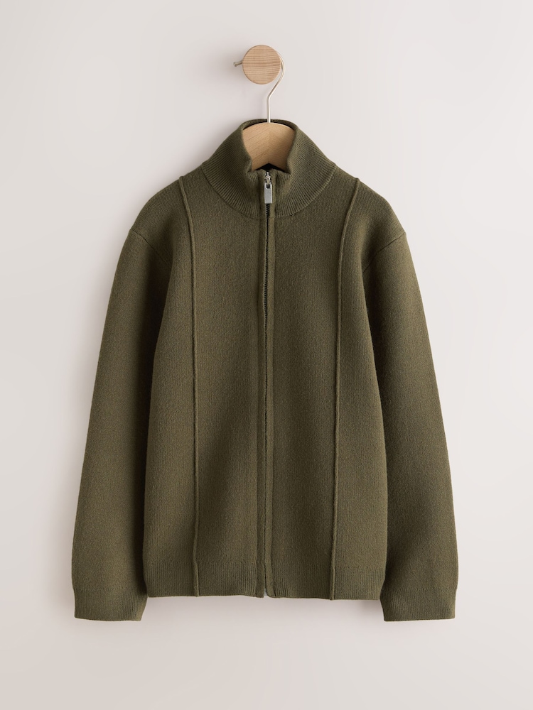 Khaki Green Funnel Neck Zip Through Cardigan (3-16yrs) - Image 1 of 4 Khaki Green Funnel Neck Zip Through Cardigan (3-16yrs) - Image 1 of 4