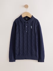 Navy Blue Stag Cable Knit Polo Shirt (3-16yrs) - Image 1 of 4