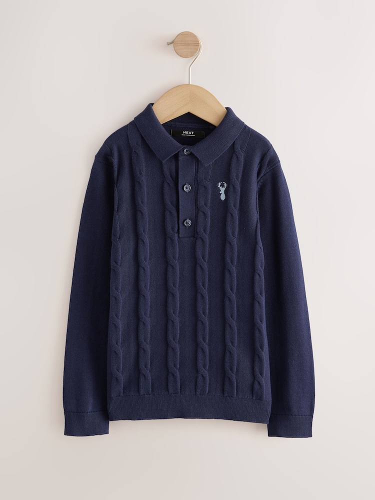 Navy Blue Stag Cable Knit Polo Shirt (3-16yrs) - Image 1 of 4 Navy Blue Stag Cable Knit Polo Shirt (3-16yrs) - Image 1 of 4