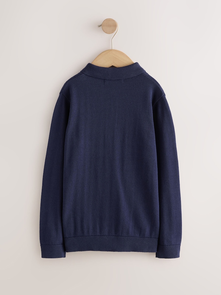 Navy Blue Stag Cable Knit Polo Shirt (3-16yrs) - Image 2 of 4 Navy Blue Stag Cable Knit Polo Shirt (3-16yrs) - Image 2 of 4