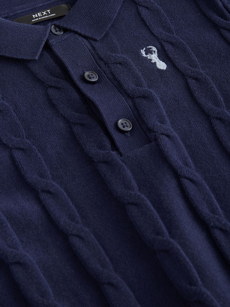 Navy Blue Stag Cable Knit Polo Shirt (3-16yrs) - Image 4 of 4 Navy Blue Stag Cable Knit Polo Shirt (3-16yrs) - Image 4 of 4