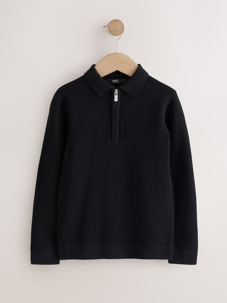 Black Knitted Zip Neck Polo Shirt (3-16yrs) - Image 1 of 4 Black Knitted Zip Neck Polo Shirt (3-16yrs) - Image 1 of 4