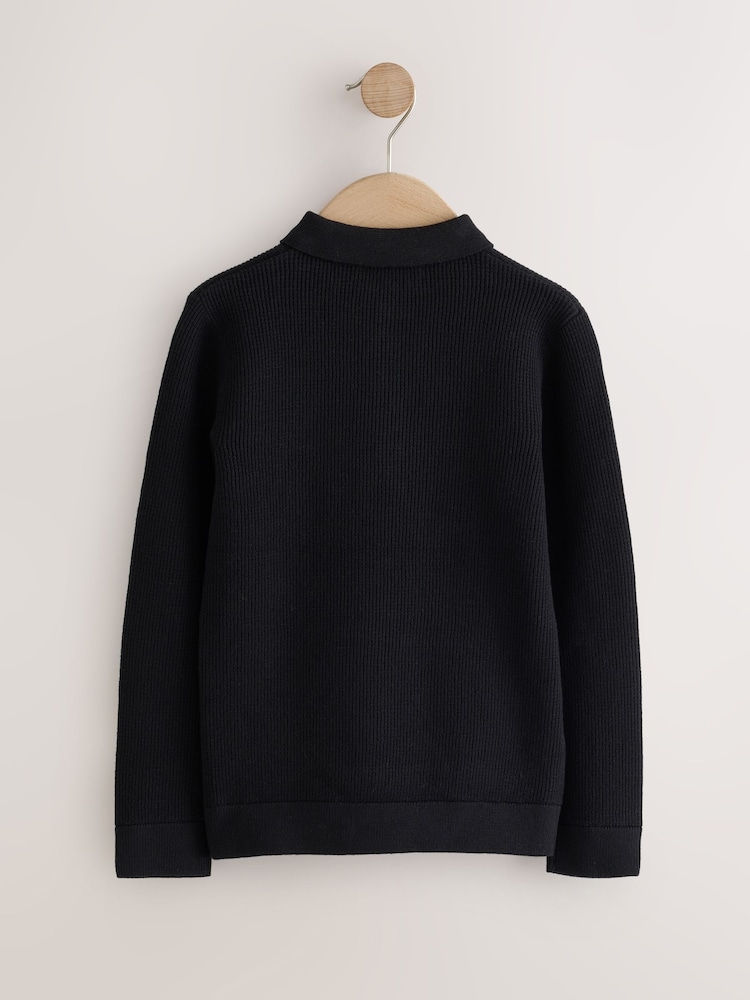 Black Knitted Zip Neck Polo Shirt (3-16yrs) - Image 2 of 4 Black Knitted Zip Neck Polo Shirt (3-16yrs) - Image 2 of 4