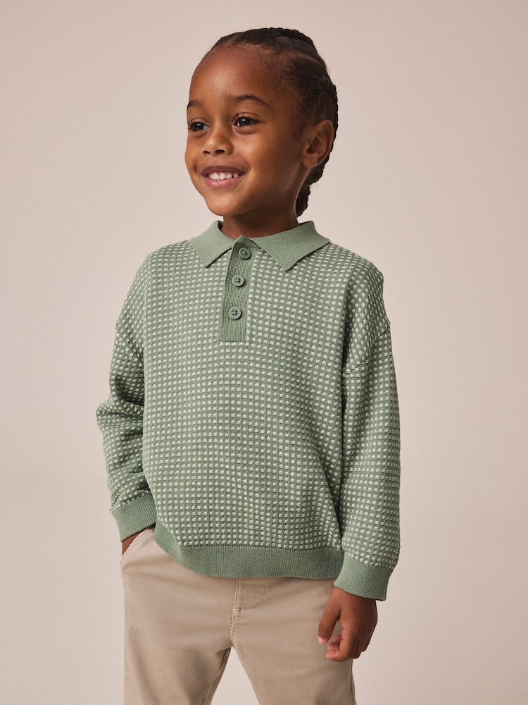 Green Textured Knitted Popper Neck Polo Shirt (3mths-7yrs) - Image 1 of 8 Green Textured Knitted Popper Neck Polo Shirt (3mths-7yrs) - Image 1 of 8