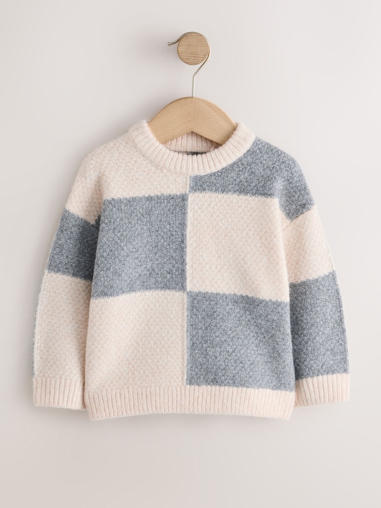 Grey/White Checkerboard Knit Crew Neck Jumper (3mths-7yrs) - Image 1 of 4