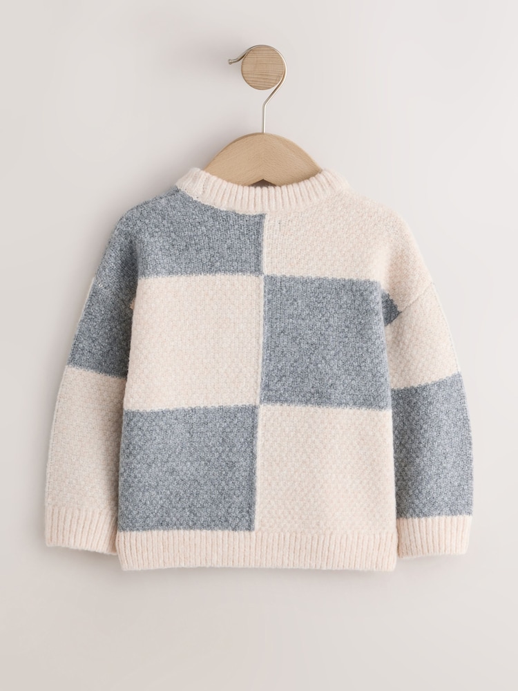 Grey/White Checkerboard Knit Crew Neck Jumper (3mths-7yrs) - Image 2 of 4