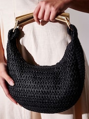 South Beach Black Straw Curved Gold Handle Lined Grab Bag - Image 1 of 4