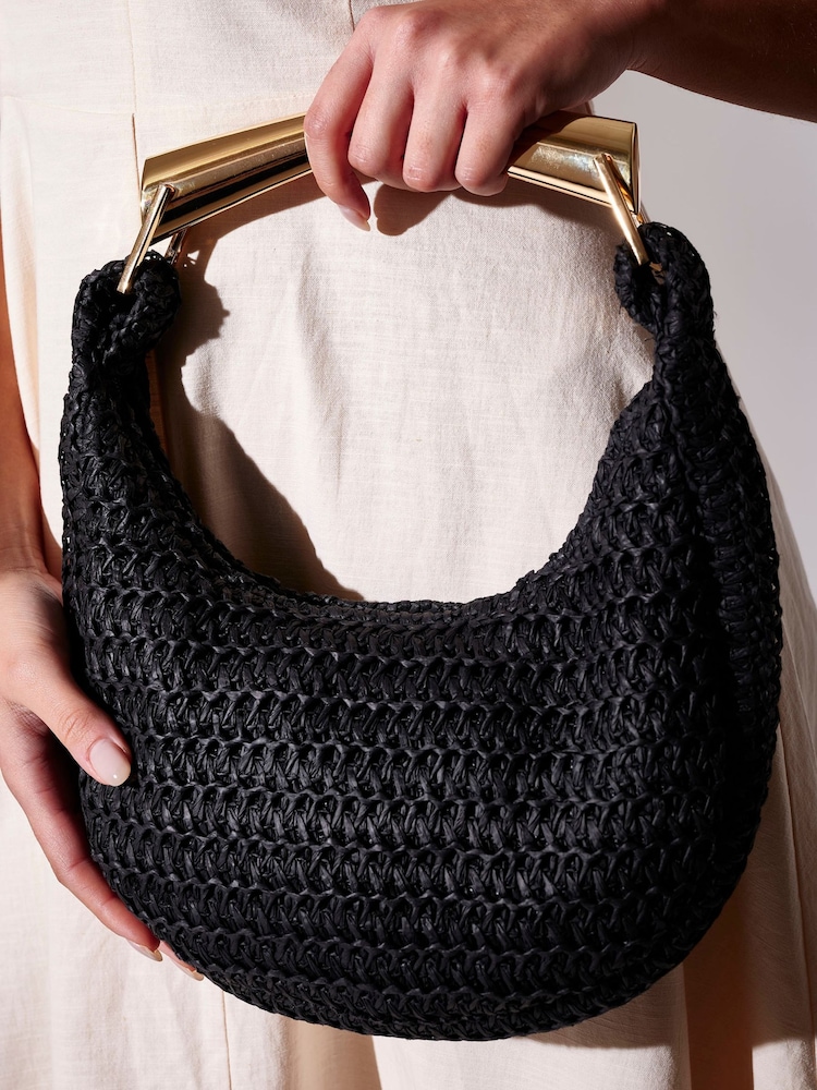 South Beach Black Straw Curved Gold Handle Lined Grab Bag - Image 1 of 4 South Beach Black Straw Curved Gold Handle Lined Grab Bag - Image 1 of 4