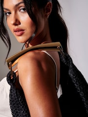 South Beach Black Straw Curved Gold Handle Lined Grab Bag - Image 3 of 4