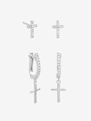 Simply Silver 925 Sterling Silver Cross Hoop and Stud Earrings Pack of 2 - Image 1 of 1