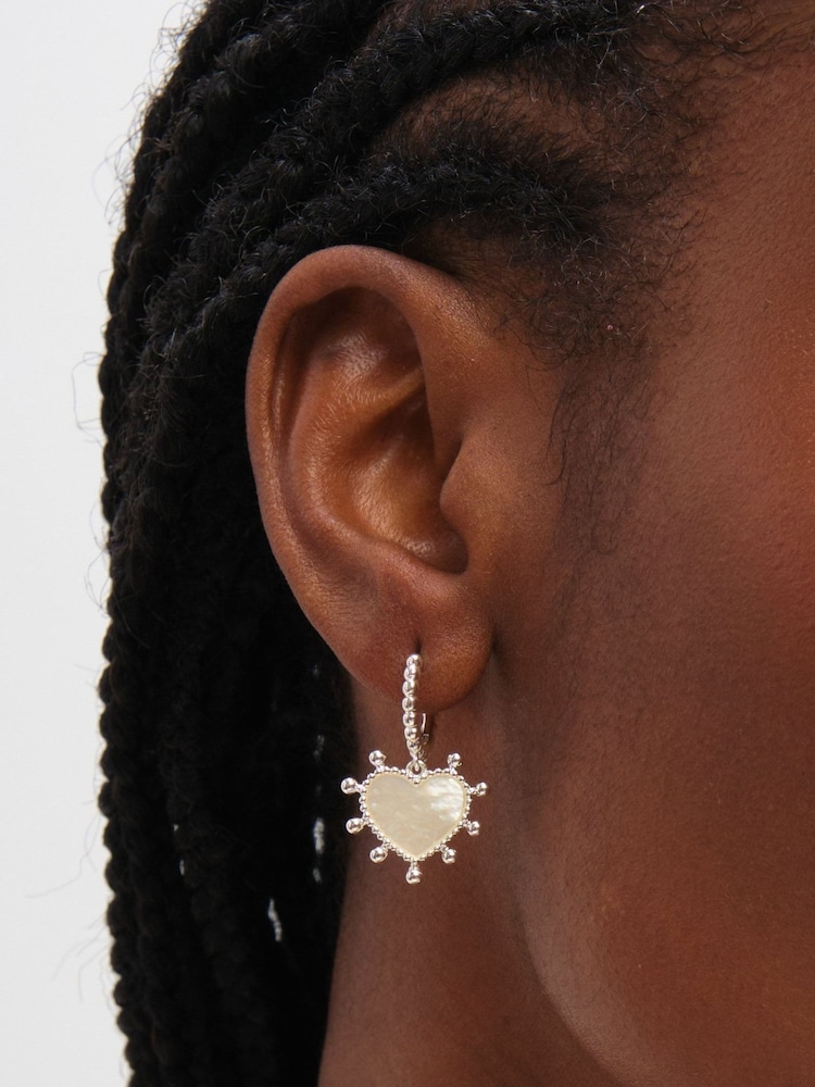 Inicio Sterling Silver Plated Mother of Pearl Heart Charm Hoop Earrings - Image 2 of 2