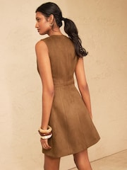 Love & Roses Tan Brown Faux Suedette Mini Dress With Whipstitch Trim Detail - Image 4 of 5