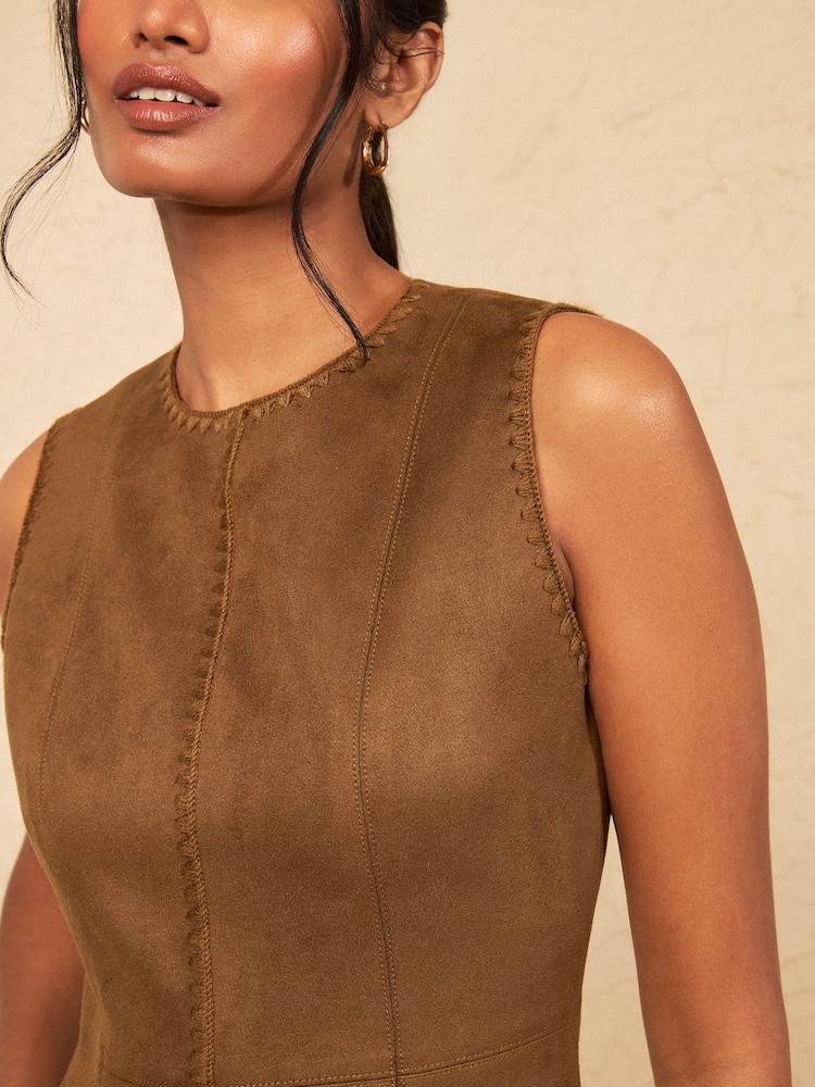 Love & Roses Tan Brown Faux Suedette Mini Dress With Whipstitch Trim Detail - Image 5 of 5