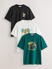Black/Stone/Green Regular Fit Graphic Print T-Shirts 3 Pack - Image 1 of 15