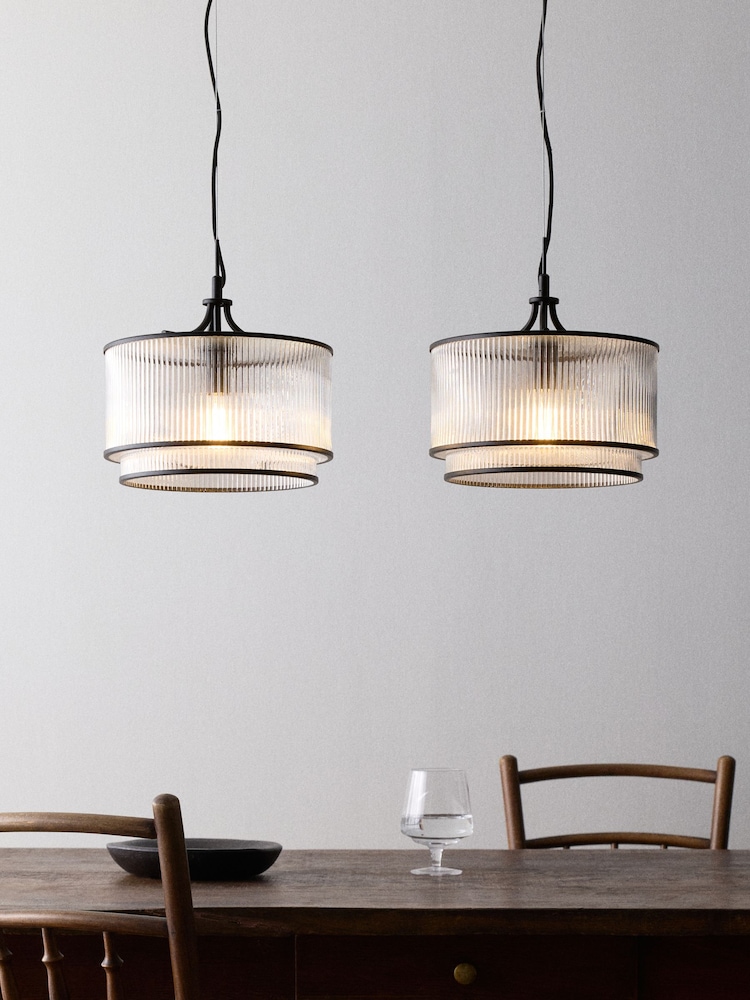 The Set 2 Pack Black Ribbed Glass Pendant Ceiling Light - Image 1 of 5 The Set 2 Pack Black Ribbed Glass Pendant Ceiling Light - Image 1 of 5