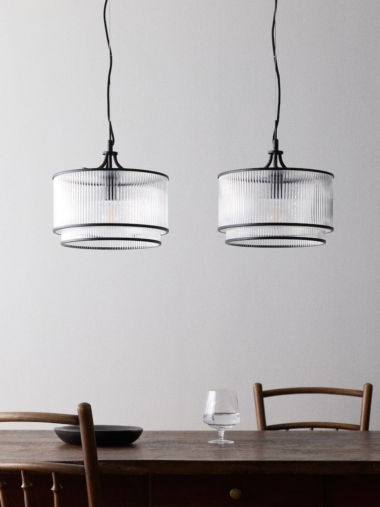 The Set 2 Pack Black Ribbed Glass Pendant Ceiling Light - Image 2 of 5 The Set 2 Pack Black Ribbed Glass Pendant Ceiling Light - Image 2 of 5