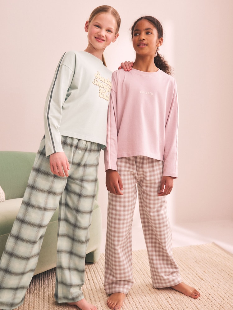 Green/Pink Woven Wide Leg Pyjamas 2 Pack (3-16yrs) - Image 1 of 12 Green/Pink Woven Wide Leg Pyjamas 2 Pack (3-16yrs) - Image 1 of 12