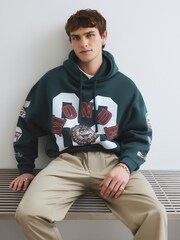 River Island Green Oversized Monde Appliqué Hoodie - Image 1 of 4