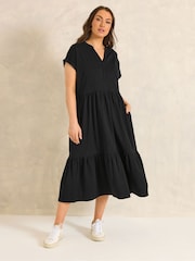 Μαύρο - Φόρεμα Evans Tiered Slub από βαμβάκι Midi - Εικόνα 2 του 5