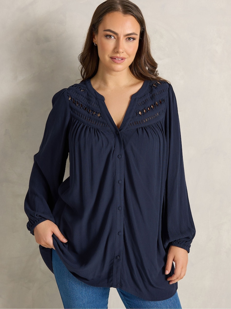 Evans Blue Long Sleeve Macrame Blouse - Image 1 of 5 Evans Blue Long Sleeve Macrame Blouse - Image 1 of 5