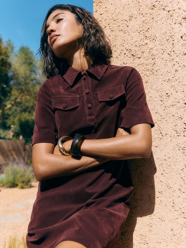 Friends Like These Burgundy Red Faux Suede Pocket A Line Mini Dress - Image 2 of 6 Friends Like These Burgundy Red Faux Suede Pocket A Line Mini Dress - Image 2 of 6