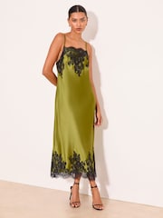 Lipsy Green Lace Trim Satin Strappy Midi Dress - Image 1 of 4