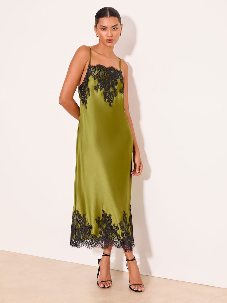 Lipsy Green Lace Trim Satin Strappy Midi Dress - Image 1 of 4 Lipsy Green Lace Trim Satin Strappy Midi Dress - Image 1 of 4