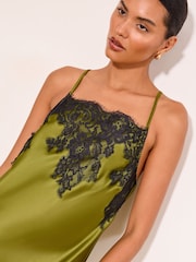Lipsy Green Lace Trim Satin Strappy Midi Dress - Image 2 of 4