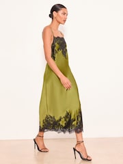 Lipsy Green Lace Trim Satin Strappy Midi Dress - Image 3 of 4