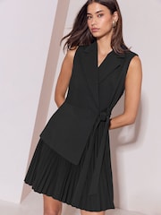 Lipsy Black 2 in 1 Blazer Pleated Tie Waist Mini Dress - Image 1 of 5