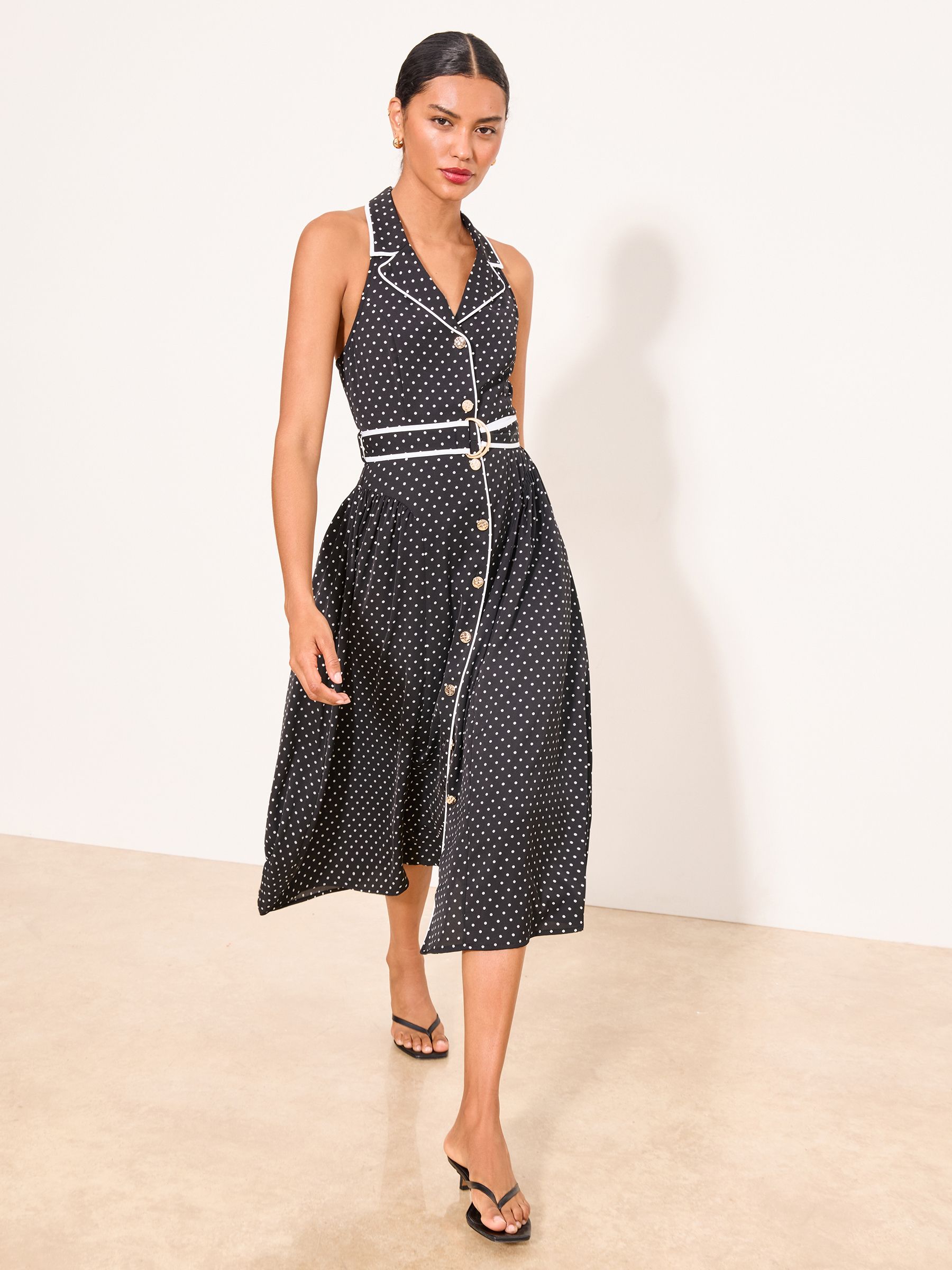Buy Lipsy Black Polka Dot Printed Halter Neck Collar Belted Midi
