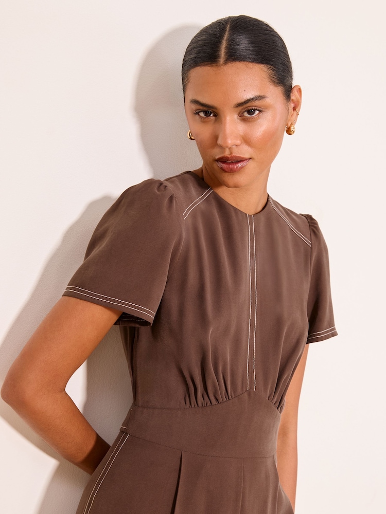 Lipsy Brown Contrast Stitch Underbust Belted Short Sleeve Jumpsuit - Image 2 of 4 Lipsy Brown Contrast Stitch Underbust Belted Short Sleeve Jumpsuit - Image 2 of 4