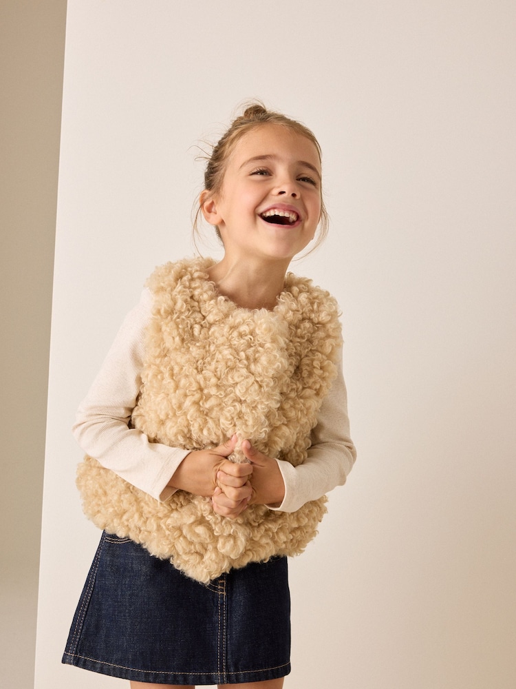 Neutral Curly Faux Fur Gilet (3-16yrs) - Image 1 of 4 Neutral Curly Faux Fur Gilet (3-16yrs) - Image 1 of 4