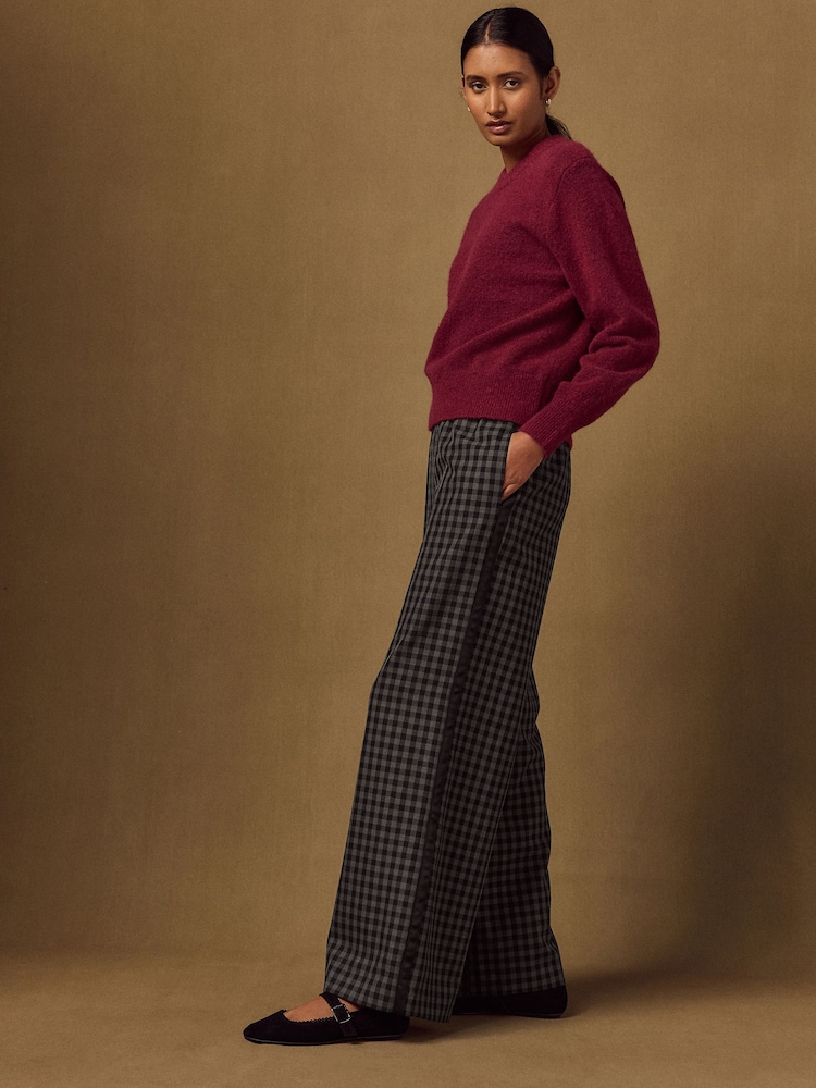 Black/Grey Gingham Contrast Waistband Wide Leg Trousers - Image 1 of 8 Black/Grey Gingham Contrast Waistband Wide Leg Trousers - Image 1 of 8