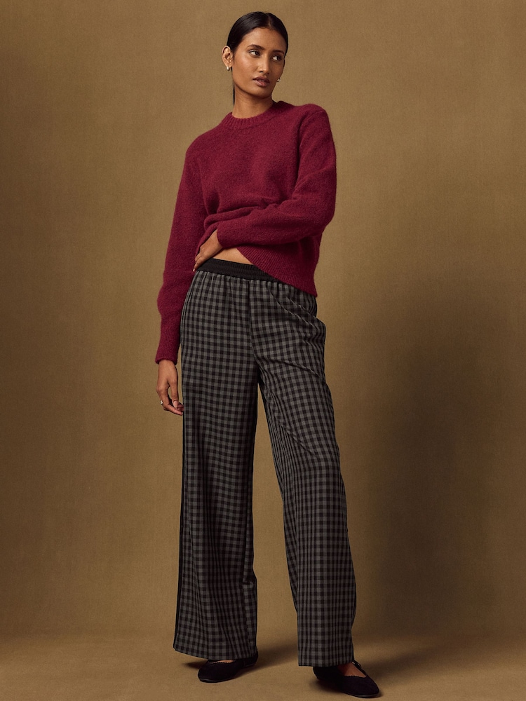 Black/Grey Gingham Contrast Waistband Wide Leg Trousers - Image 2 of 8 Black/Grey Gingham Contrast Waistband Wide Leg Trousers - Image 2 of 8