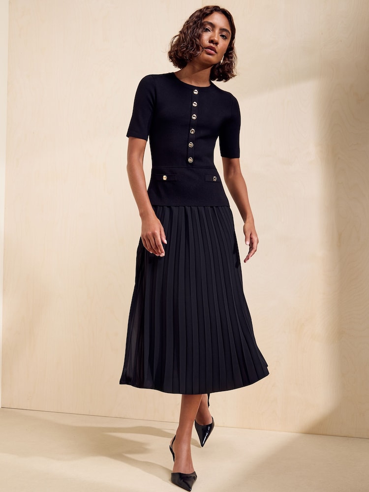 Friends Like These Black Chiffon Mix Knitted Midi Dress - Image 1 of 6 Friends Like These Black Chiffon Mix Knitted Midi Dress - Image 1 of 6
