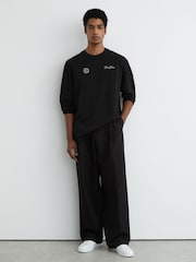 Reiss Black Suave Cotton Motif Long-Sleeve Relaxed T-Shirt - Image 1 of 6