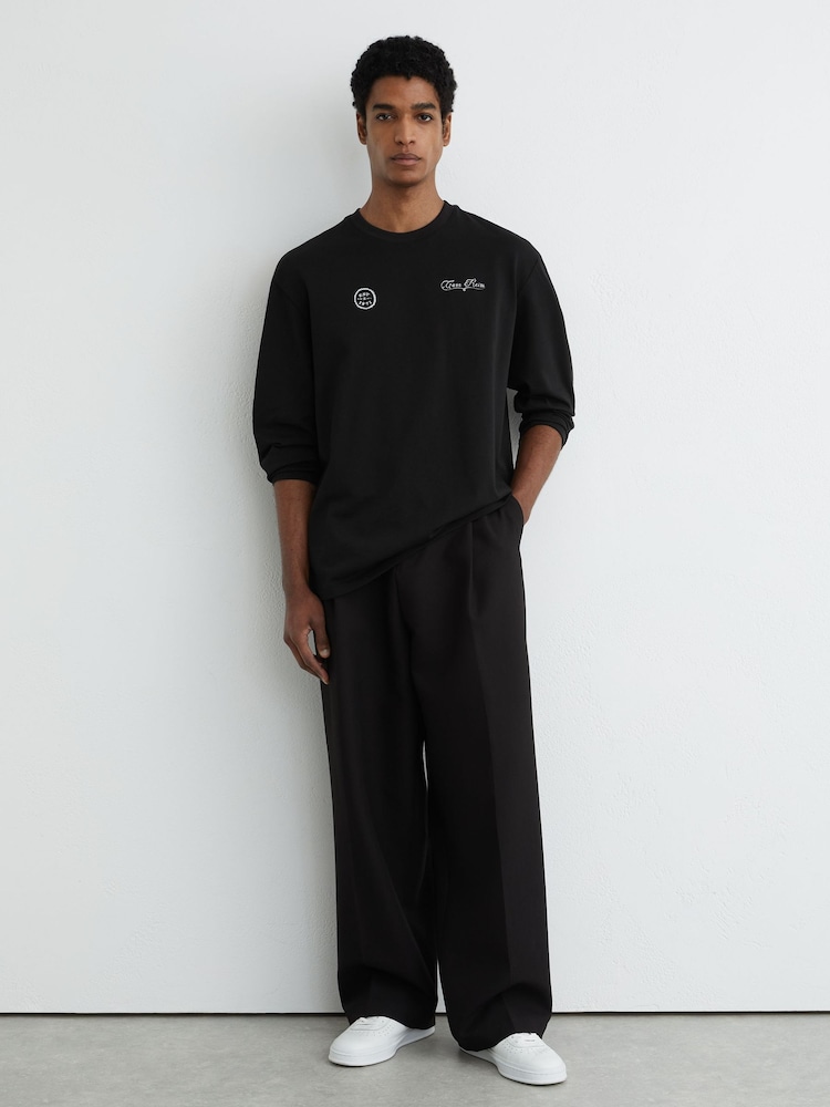 Reiss Black Suave Cotton Motif Long-Sleeve Relaxed T-Shirt - Image 1 of 6