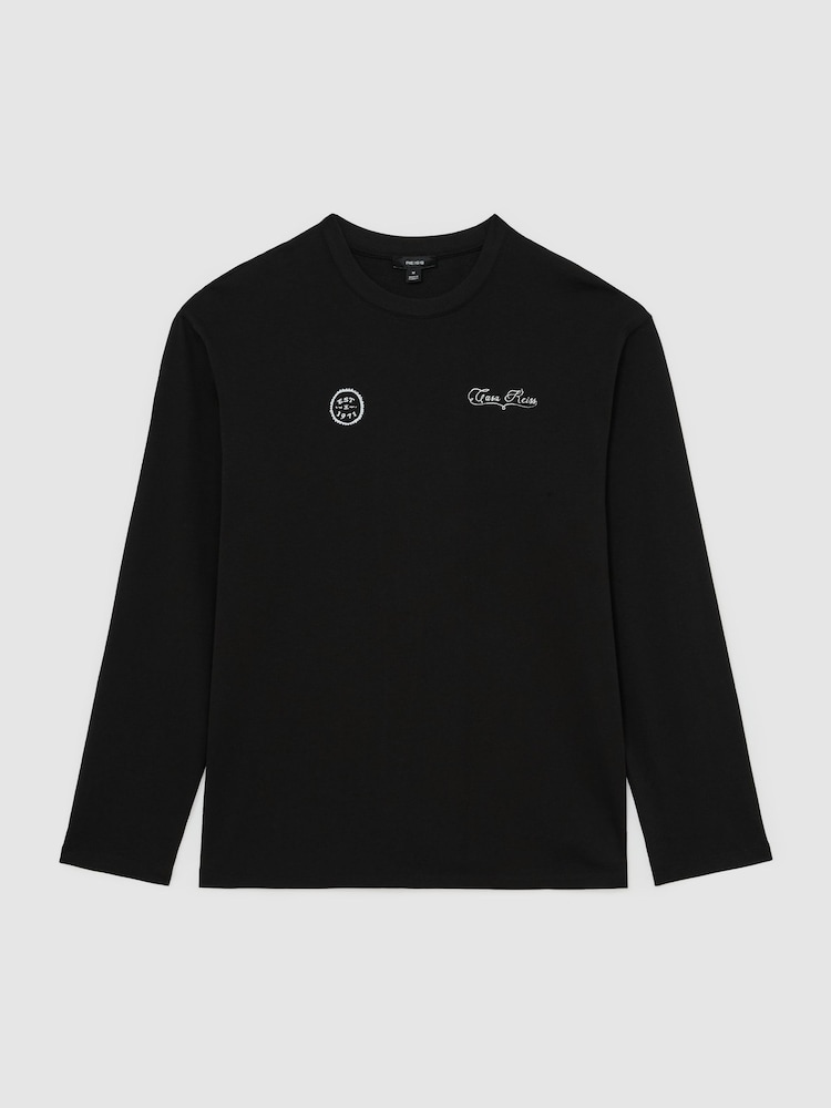 Reiss Black Suave Cotton Motif Long-Sleeve Relaxed T-Shirt - Image 2 of 6