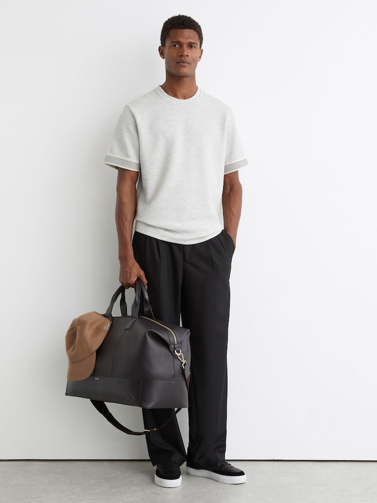 Reiss Grey Melange Aries Textured Tape-Cuff T-Shirt with Cotton - Image 1 of 6