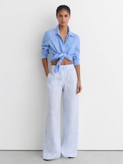 Reiss Silver Blue Riley Petite Linen Ladder-Embroidery Wide-Leg Trousers - Image 1 of 9