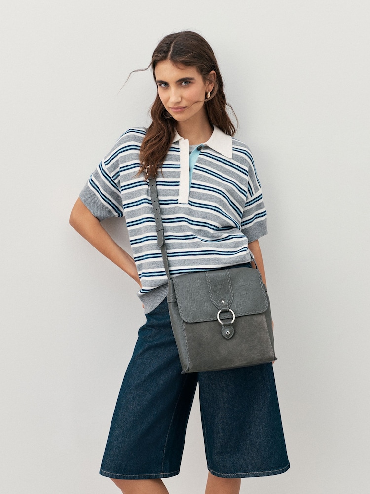 Grey Leather Pocket Messenger Bag - Image 1 of 7