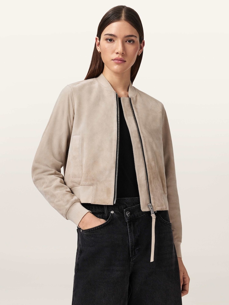 AllSaints Grey Orten Suede Bomber Jacket - Image 1 of 7
