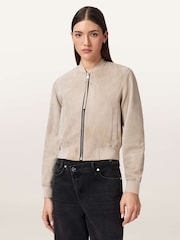 AllSaints Grey Orten Suede Bomber Jacket - Image 3 of 7