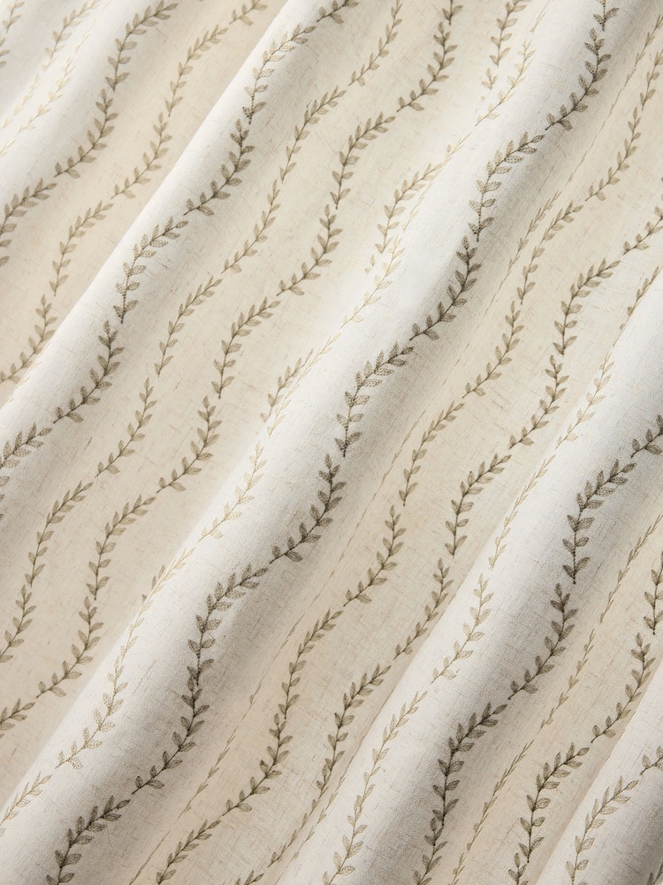 Natural/Green Leaf Embroidered Touch of Linen Pencil Pleat Lined Curtains - Image 5 of 5