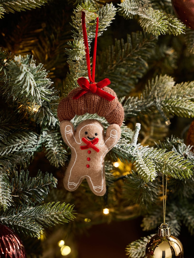Natural Gingerbread Man Croissant Felt Bauble - Image 1 of 3 Natural Gingerbread Man Croissant Felt Bauble - Image 1 of 3