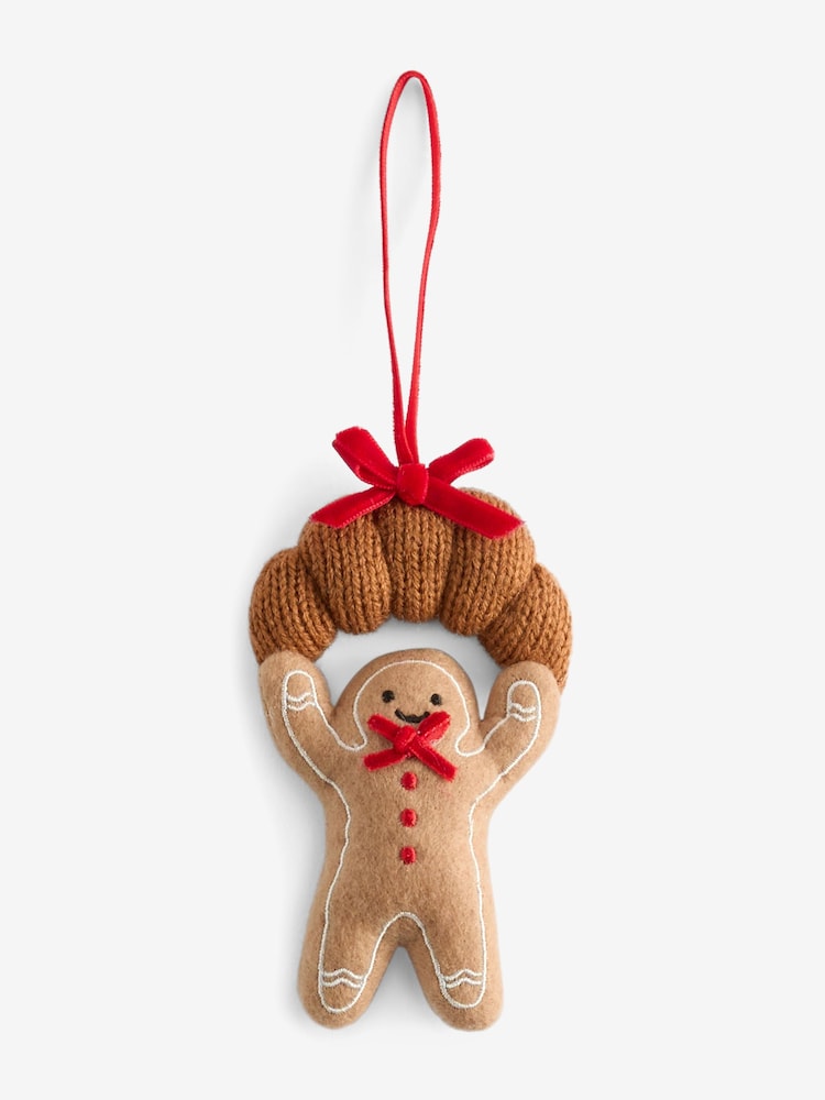 Natural Gingerbread Man Croissant Felt Bauble - Image 2 of 3 Natural Gingerbread Man Croissant Felt Bauble - Image 2 of 3