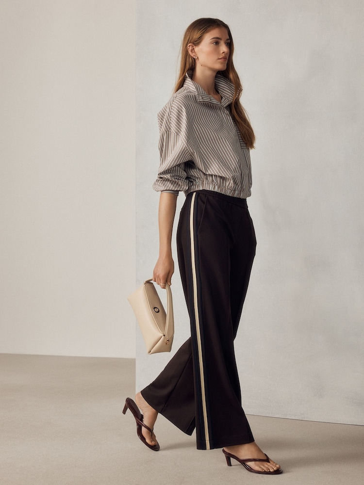 Chocolate Brown Ponte Wide Leg Trousers with Side Stripes - Image 1 of 10 Chocolate Brown Ponte Wide Leg Trousers with Side Stripes - Image 1 of 10