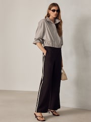 Chocolate Brown Ponte Wide Leg Trousers with Side Stripes - Image 2 of 10